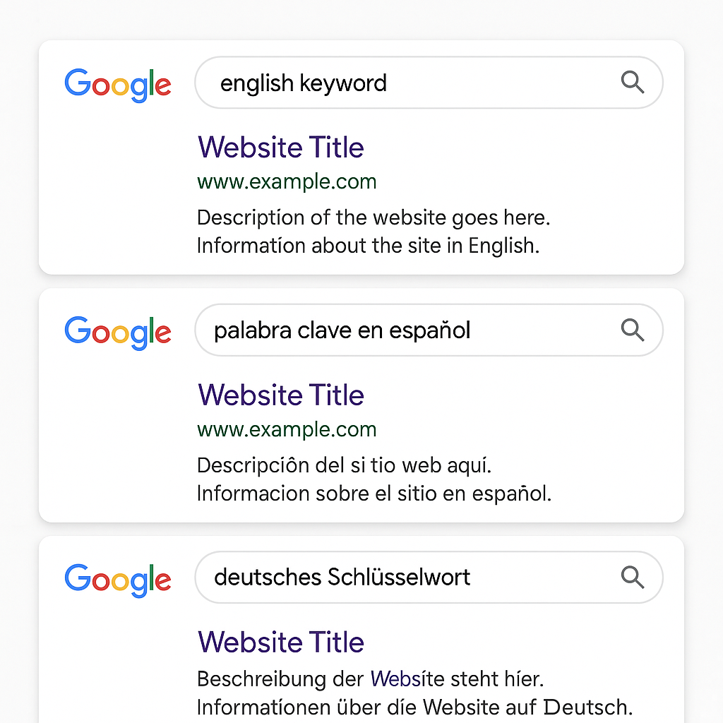 An image of various Google search results in different languages