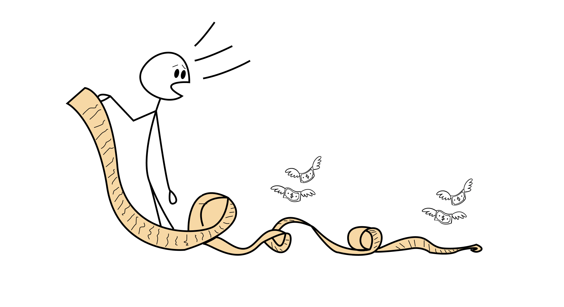 An illustration of a founder realising how their money flew away with the never-ending bills.