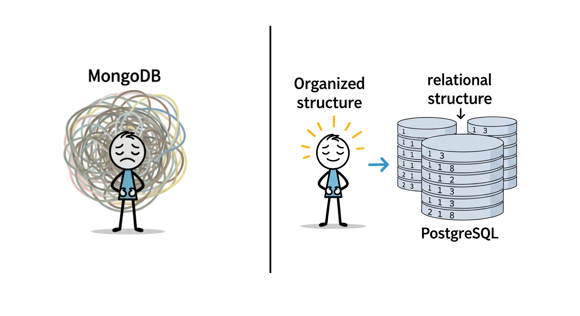An illustration depicting the complexities with MongoDB while calm in relational structure like Postgres