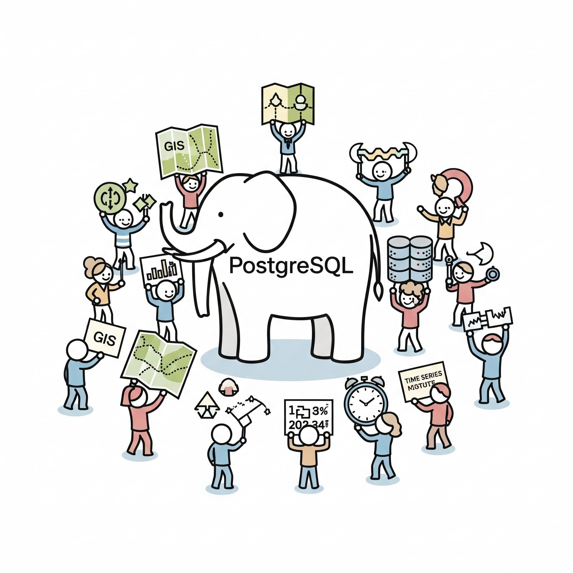An illustration portraying PostgreSQL as a big elephant which has got all the features required.