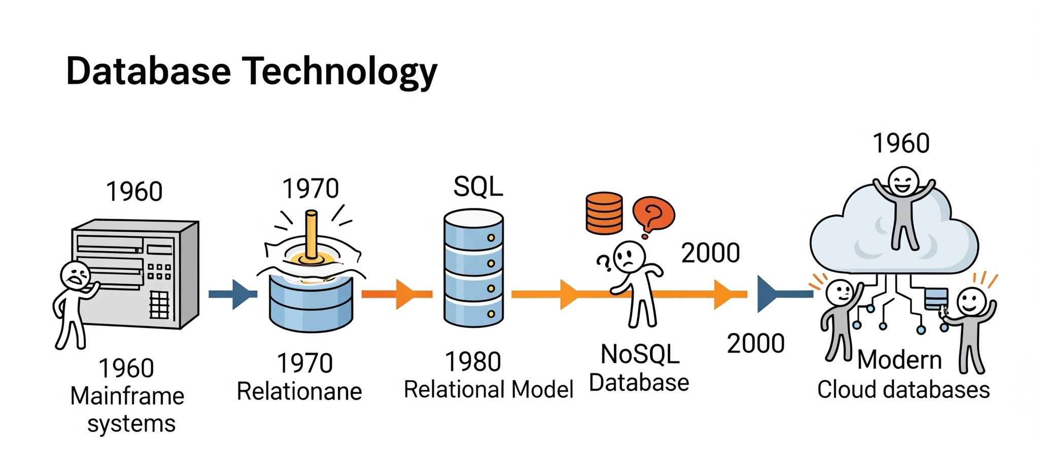 A timeline showing the journey of Database technology.