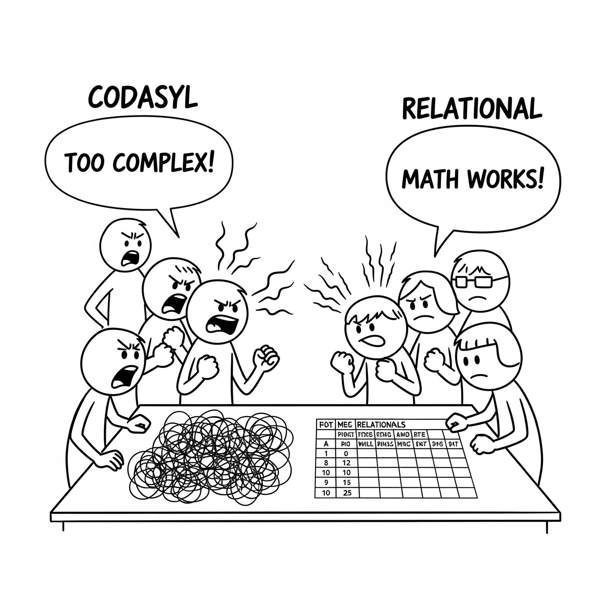 An illustration of people fighting over CODASYL vs. Relational Databases.
