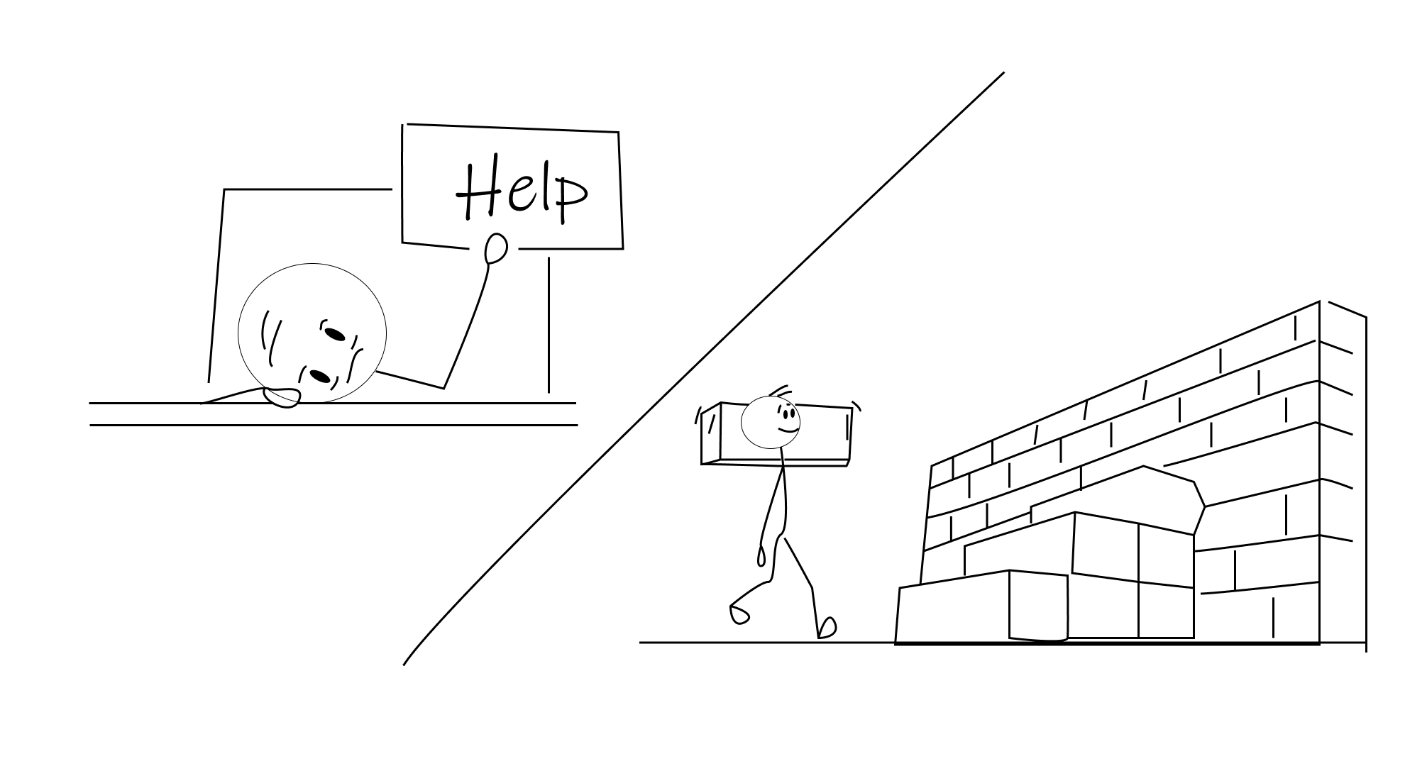 An illustration showing the contrast of a man in need vs. when in not.