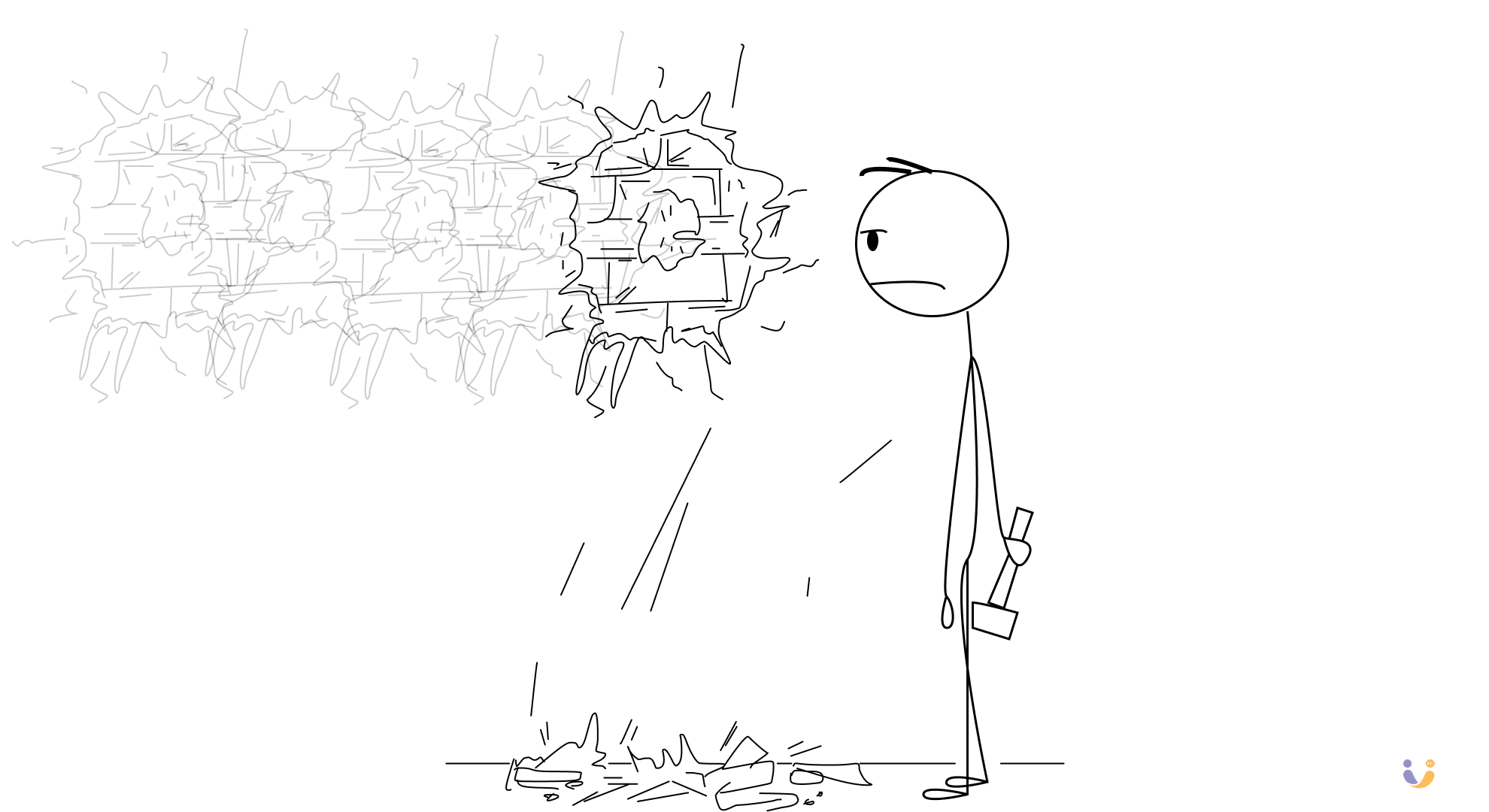A stickman trying to hammer a nail into a wall, but the hammer is attached to a complex Rube Goldberg machine that has to activate 10 other mechanisms first