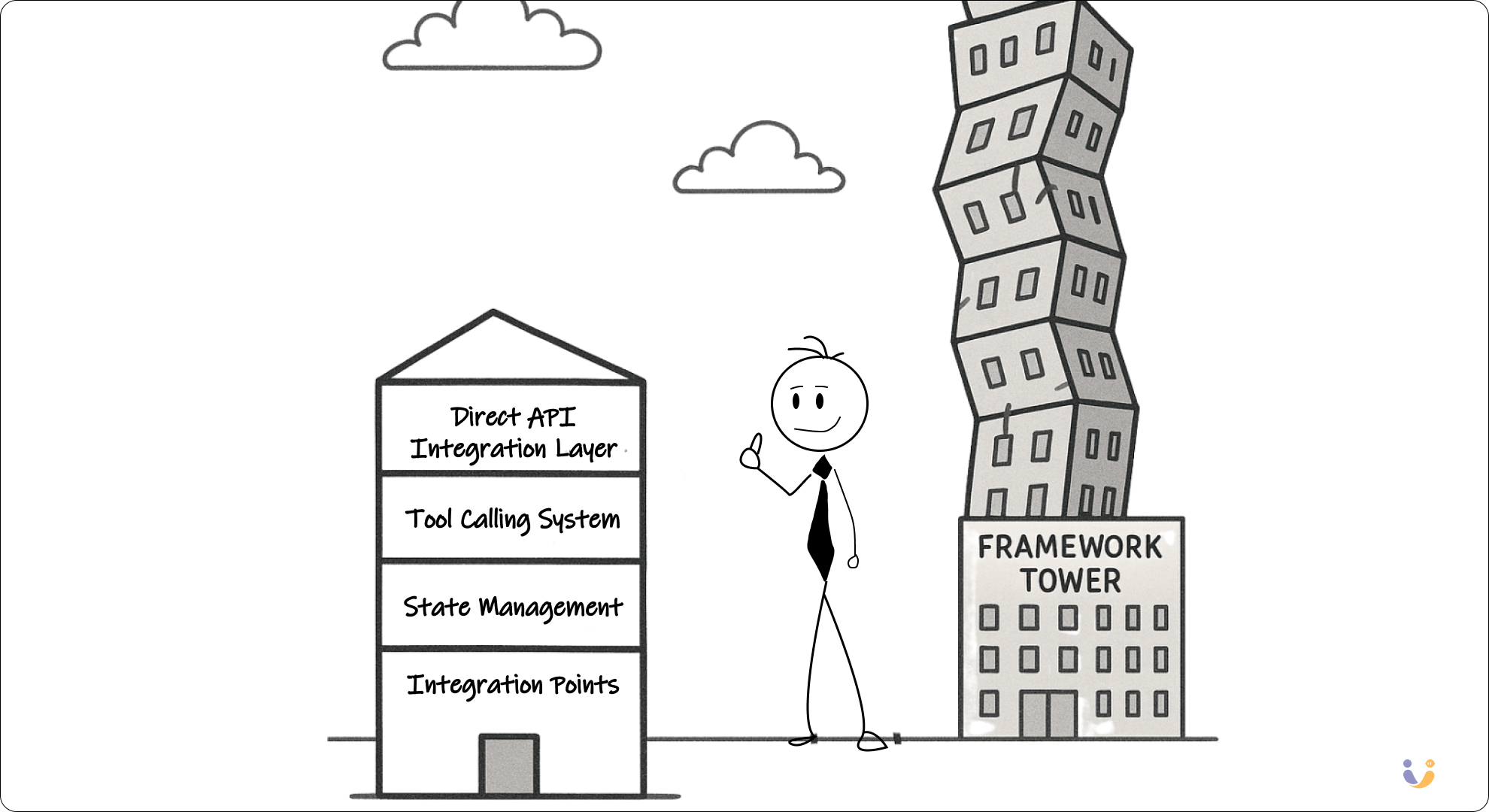 A stickman builder proudly showing off a clean, simple building with clearly labeled sections, versus a chaotic skyscraper in the background labeled "Framework Tower" that's leaning dangerously