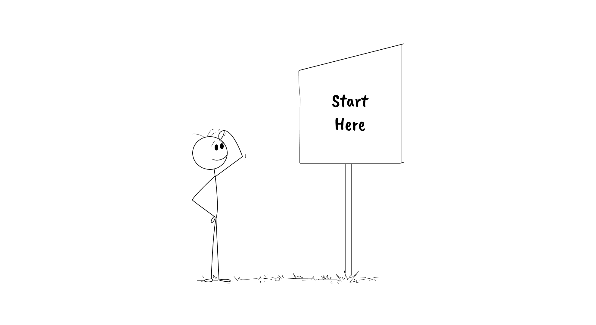 Stick figure looking at a signboard that reads "Start Here"