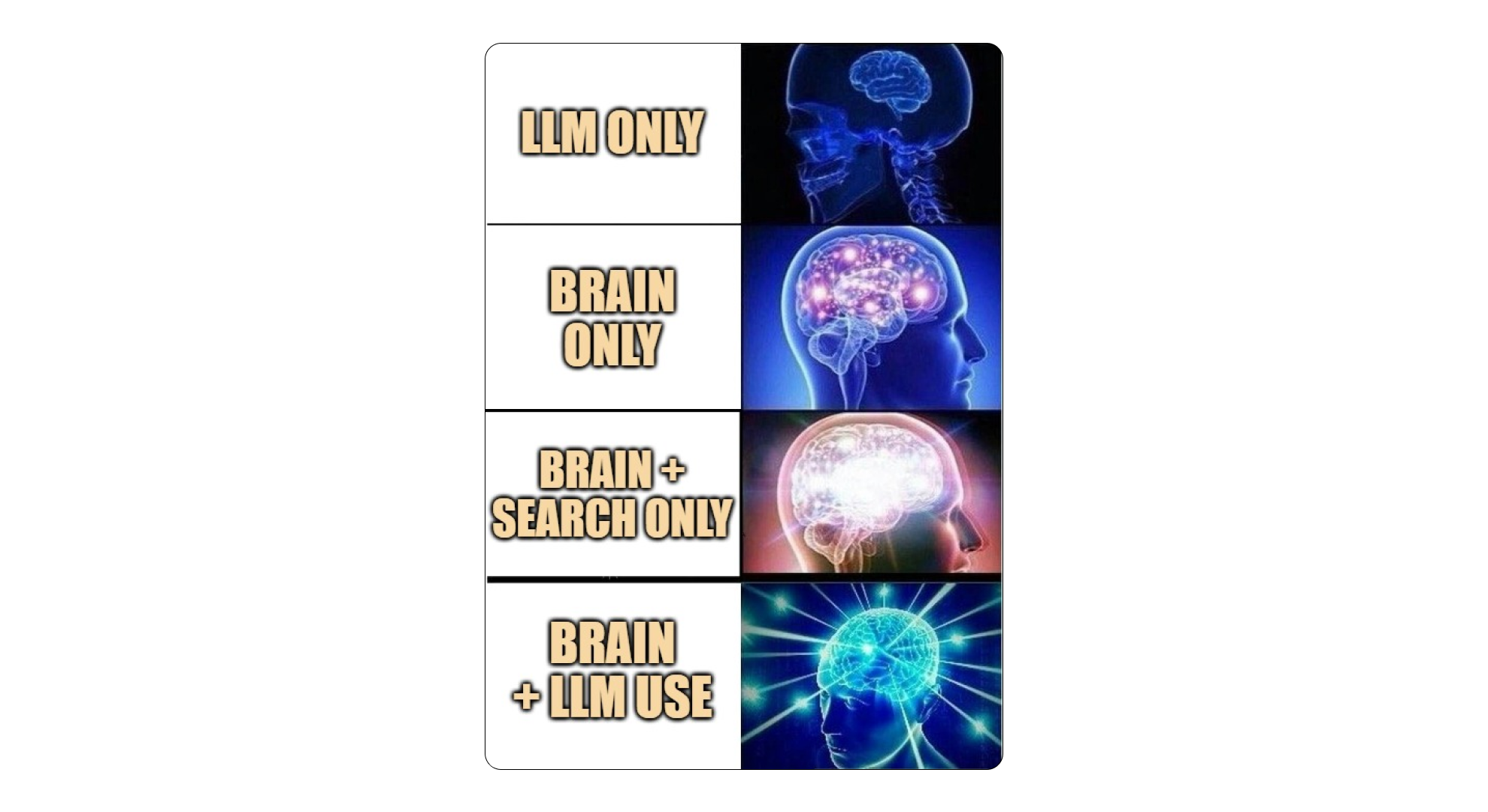 A meme illustration depicting the state of our brains - at its lowest when using 'LLM only' and gradually increasing with 'brain only', 'brain + searching' and the most when 'brain + LLM use'