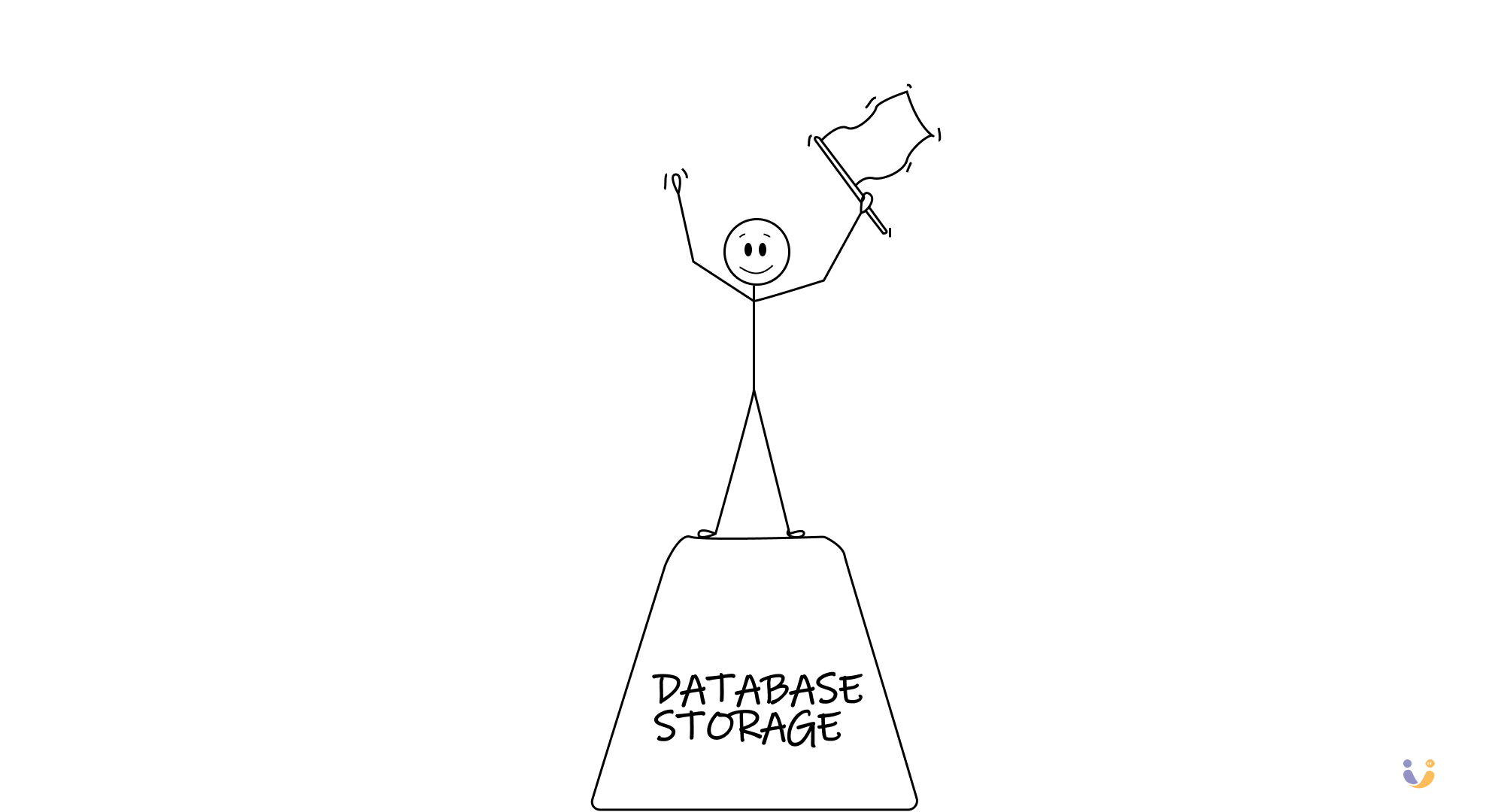 An illustration of a man atop database storage ready to hoist a victory flag
