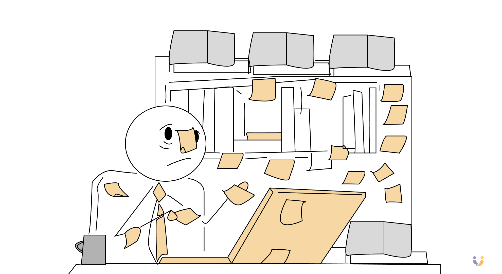 An illustration of a man troubled with his laptop and customer records