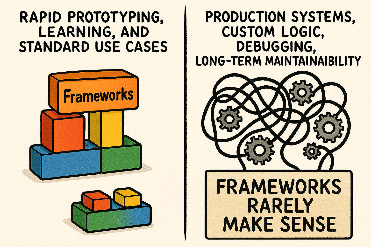 An illustration depicting when to and when not to use frameworks as explained above