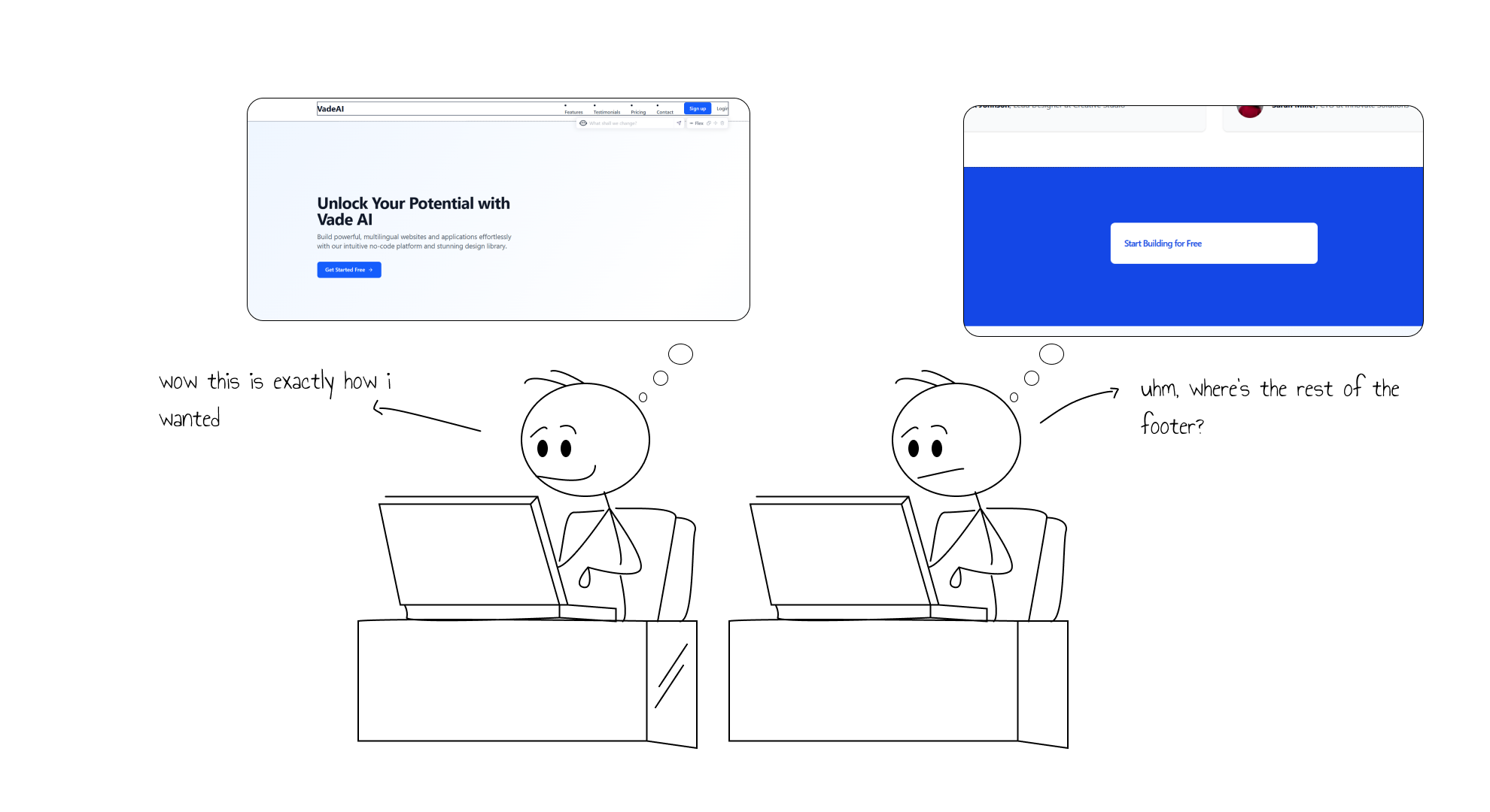 An illustration showing the contrast between using other AI tools vs. Vade AI – Vade AI creates the 'Aha' moment.