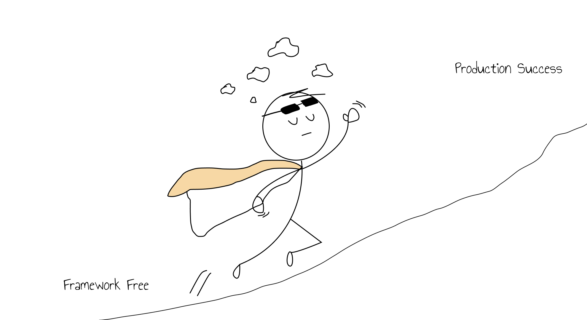 A stickman who has gotten out of the framework hell and is flying with a victorious cape towards production success