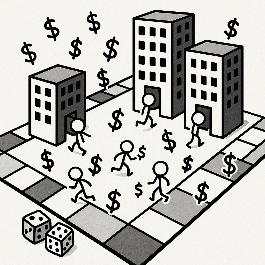 [Monopoly board with stick figures as game pieces being absorbed by larger corporate buildings. Dollar signs flying around as smaller database startups get gobbled up by bigger platforms]