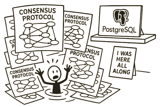 [Stick figure engineer drowning in complexity diagrams labeled "Consensus Protocol" while simple PostgreSQL solution sits unused on the shelf with a note: "I was here all along"]