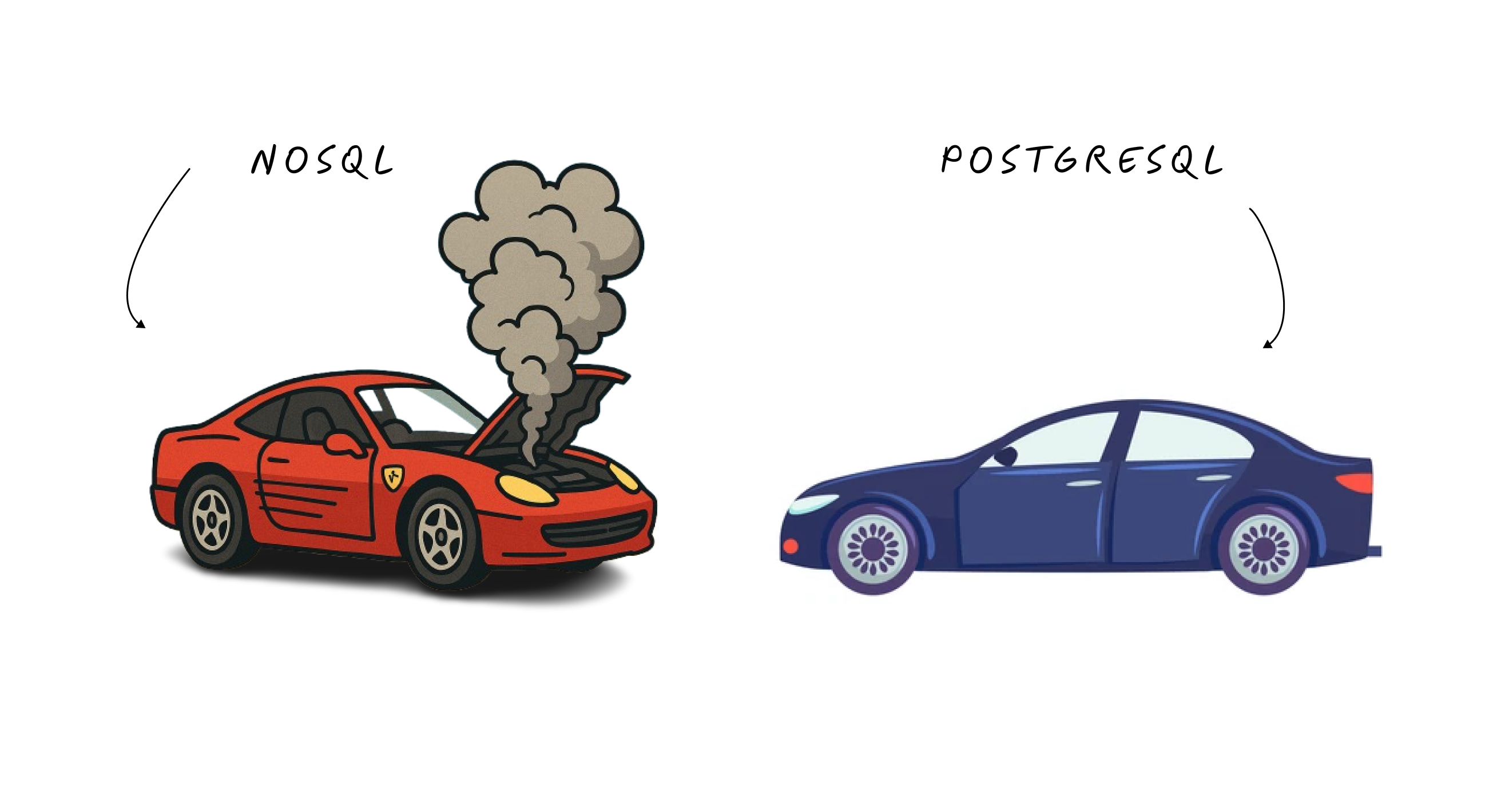 [Stick figure comparison: On left, a flashy sports car (labeled "NoSQL") broken down on the roadside with steam coming out, driver looking frustrated. On right, a reliable sedan (labeled "PostgreSQL") cruising smoothly past with a happy driver giving thumbs up.]
