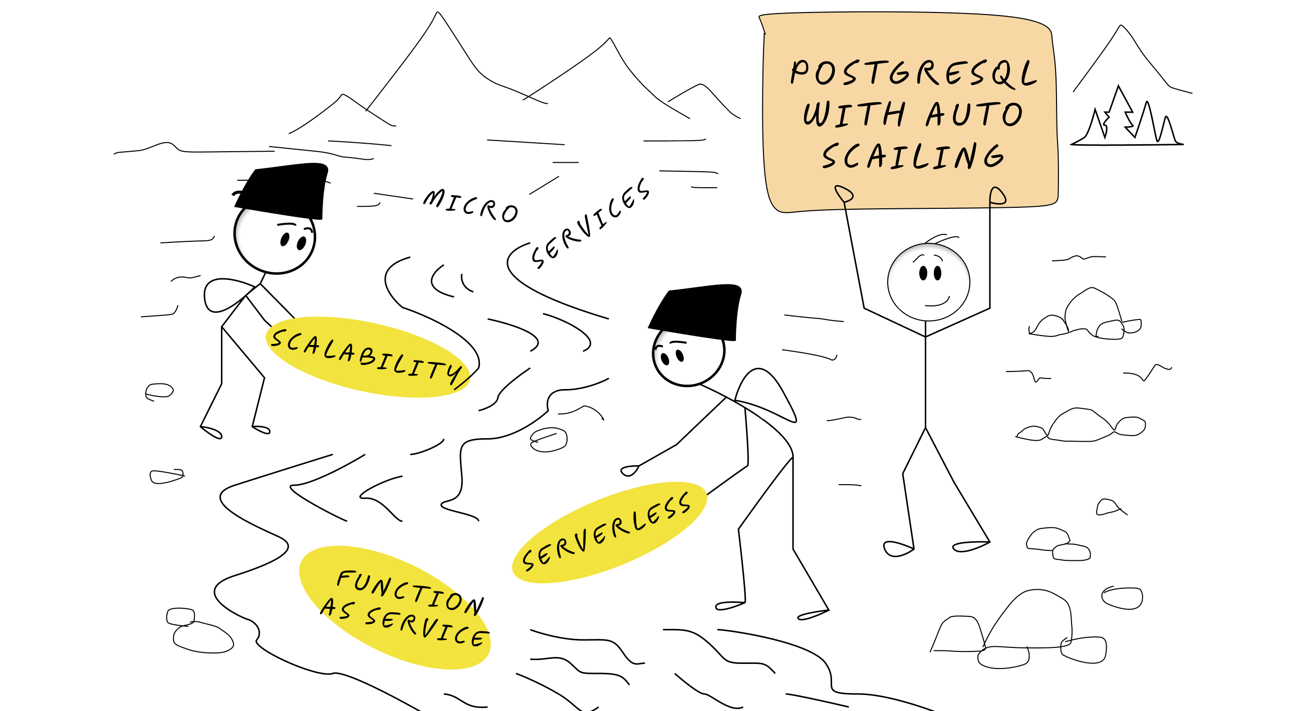 [Gold rush scene with stick figures panning for gold, but instead of gold nuggets, they're finding "serverless" buzzwords. One figure holds up a sign: "PostgreSQL with auto-scaling - $$"]