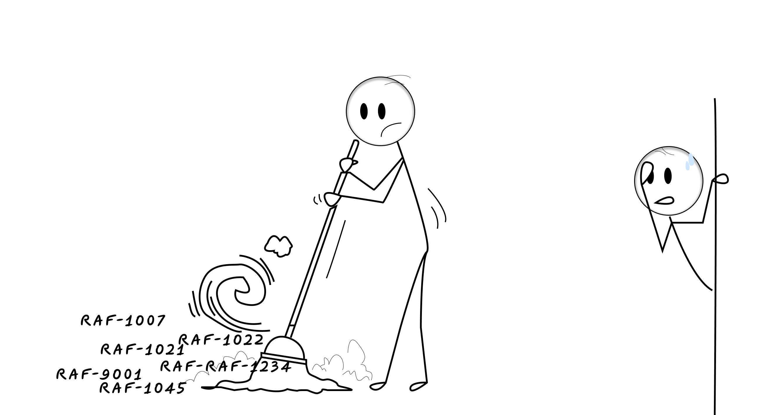  A stick figure janitor with a mop, cleaning up scattered RAF IDs while another stick figure looks embarrassed