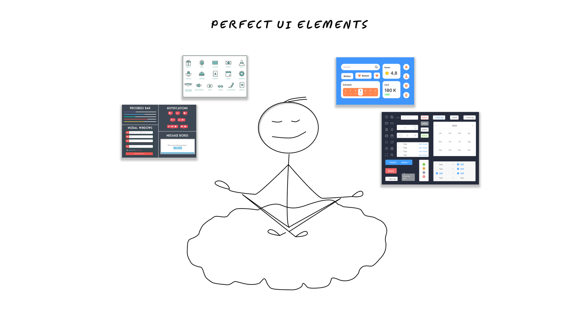 A stick figure meditating peacefully while floating on a smooth wave, with UI elements flowing harmoniously around them