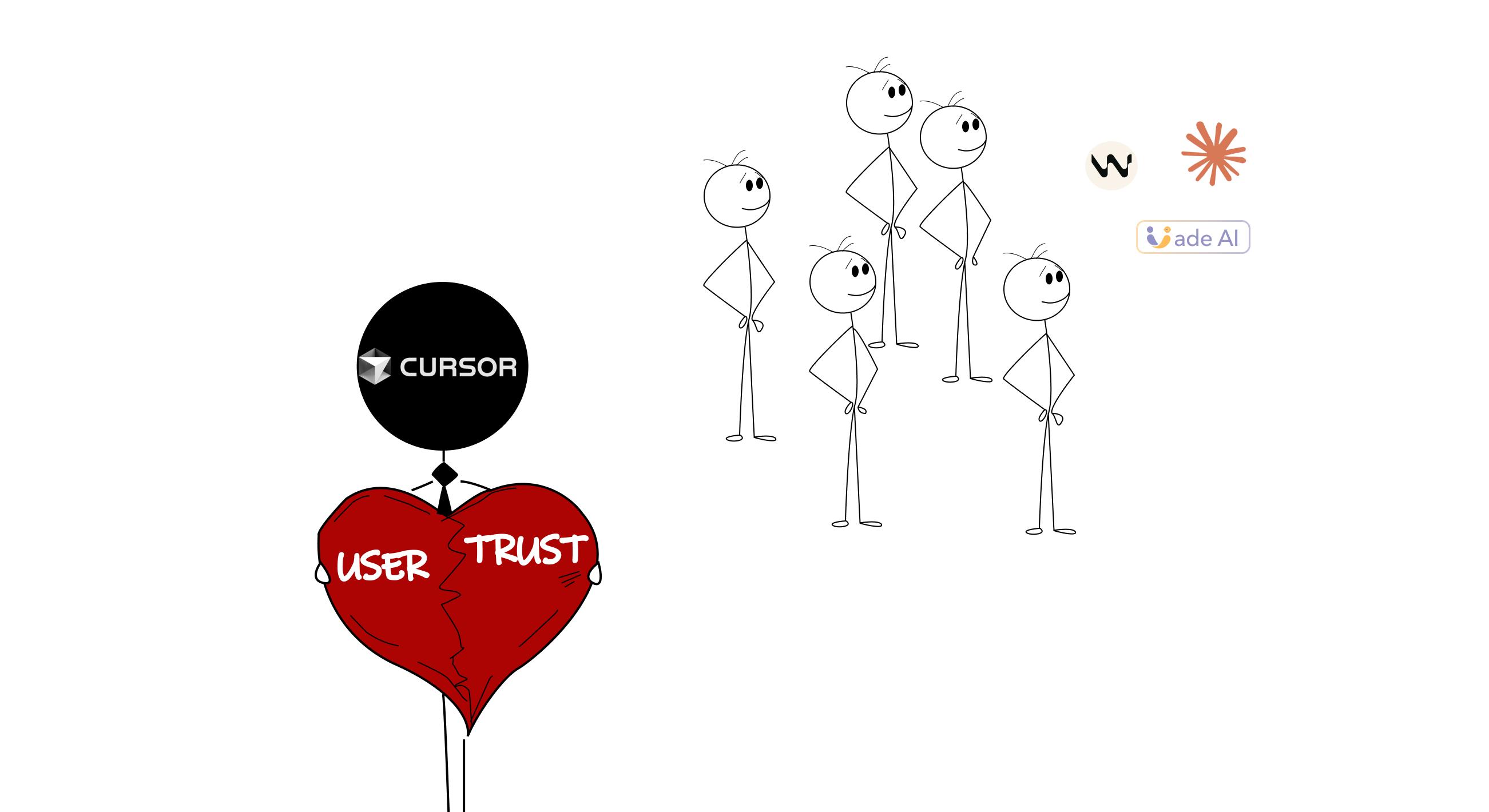 A stick figure labeled "CURSOR" holding a broken heart labeled "USER TRUST" while watching multiple stick figure users walking away toward competitors labeled "CLAUDE CODE", "WINDSURF", etc.