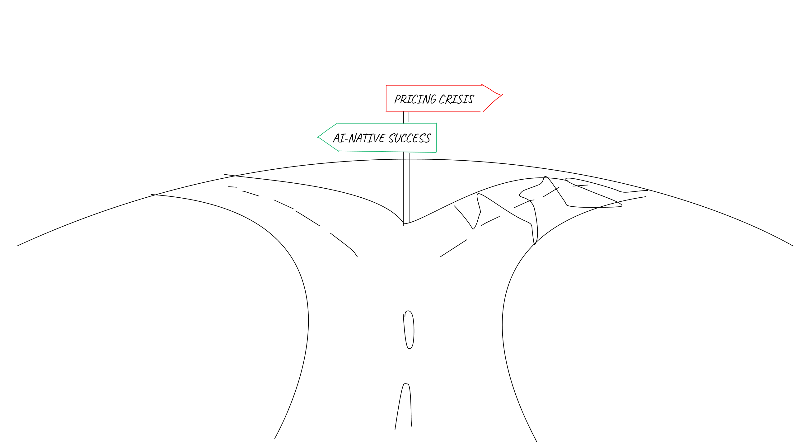 A fork in the road with two paths. Left path shows a stick figure founder confidently walking toward "AI-NATIVE SUCCESS" with transparent pricing signs. Right path shows another founder stumbling toward "PRICING CRISIS" with broken "UNLIMITED" signs scattered around