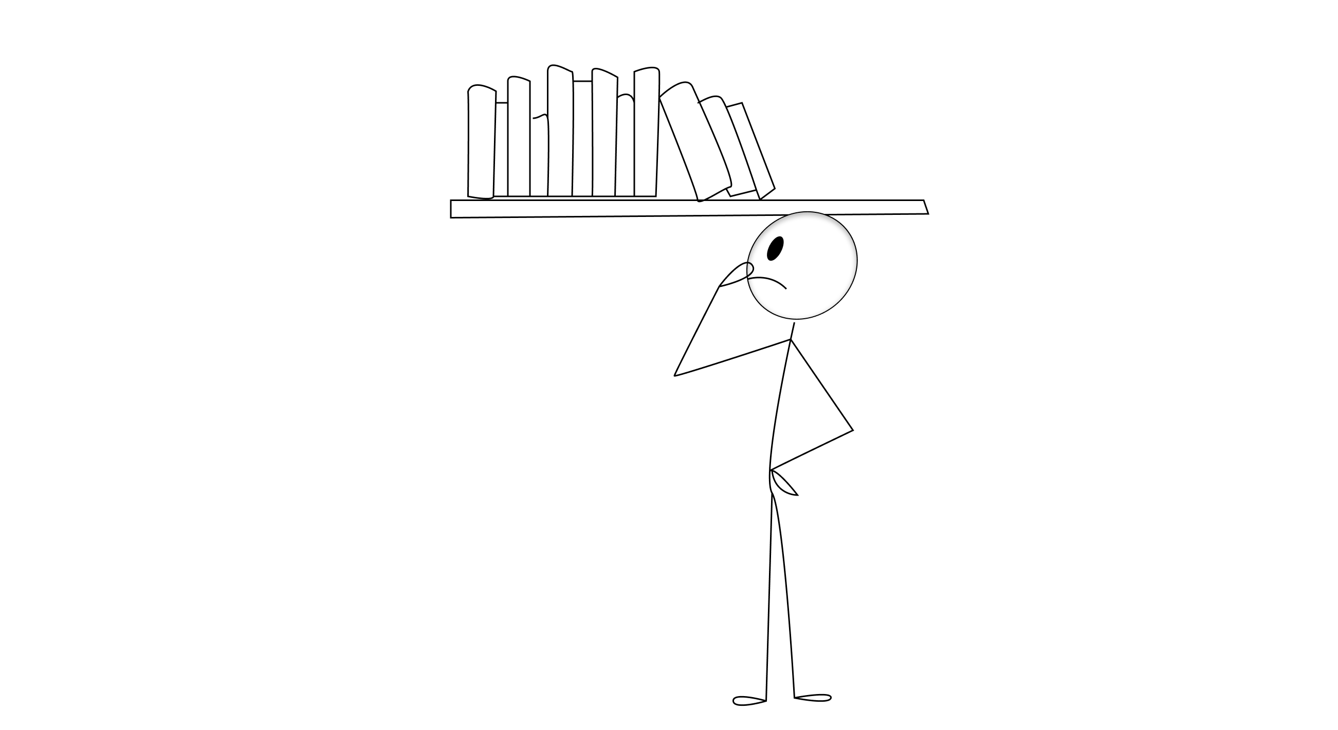Stick figure librarian organizing a chaotic pile of books into neat, labeled sections on shelves