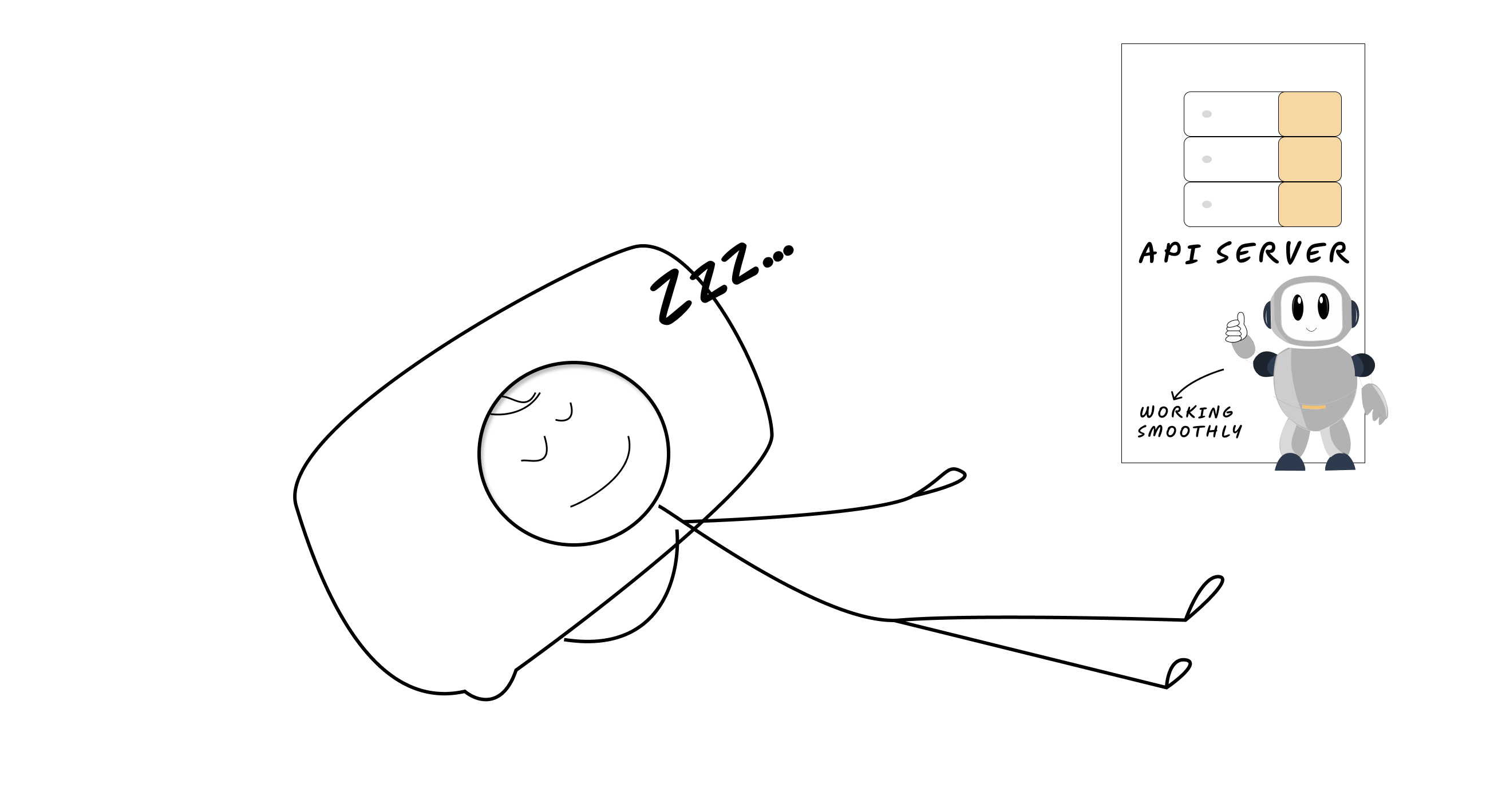 A stick figure developer peacefully sleeping while their API (represented as a well-oiled machine) works smoothly in the background
