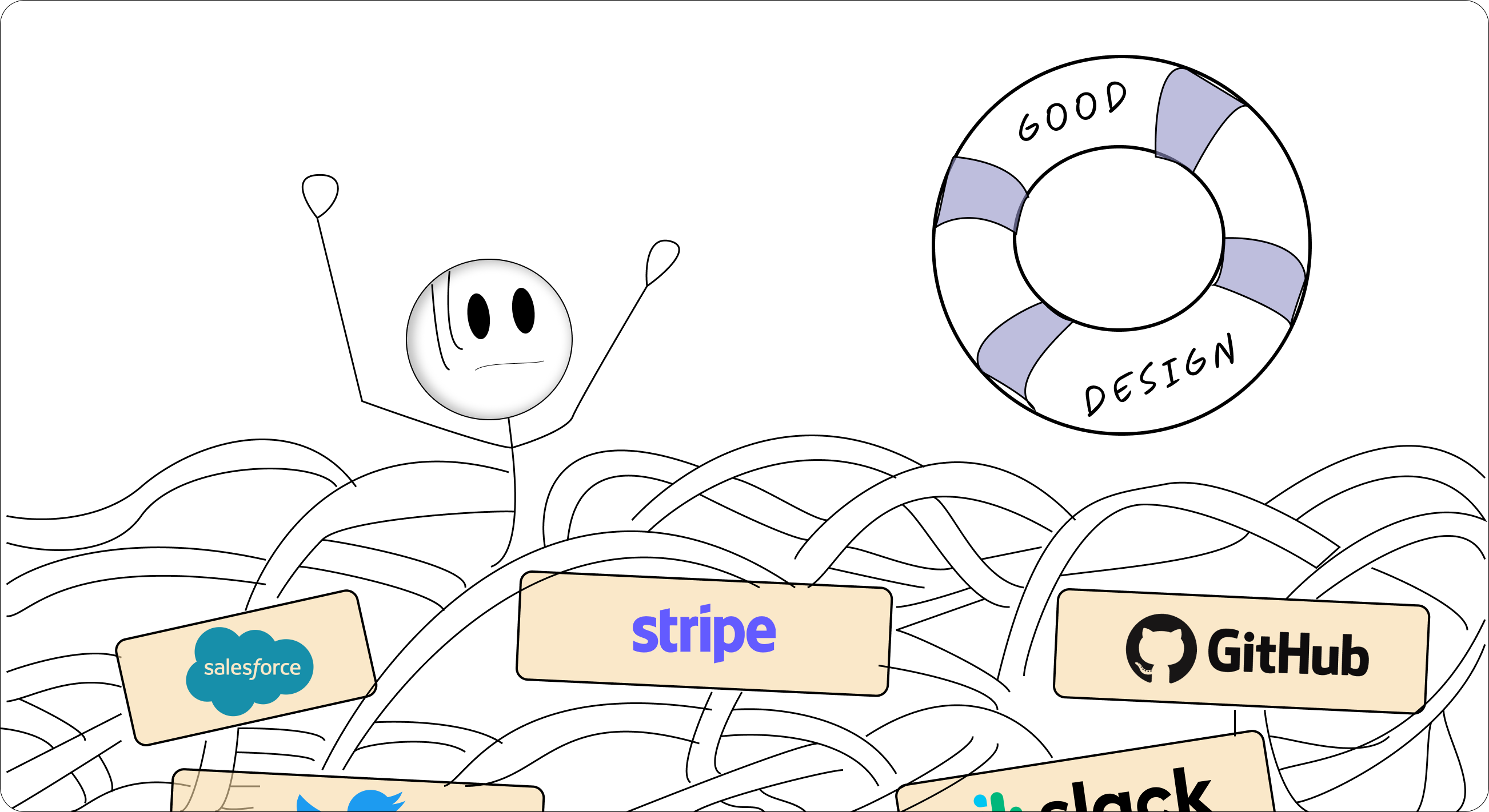 A stick figure developer drowning in a sea of tangled cables labeled with different API providers, with a life preserver labeled "GOOD API DESIGN" being thrown to them