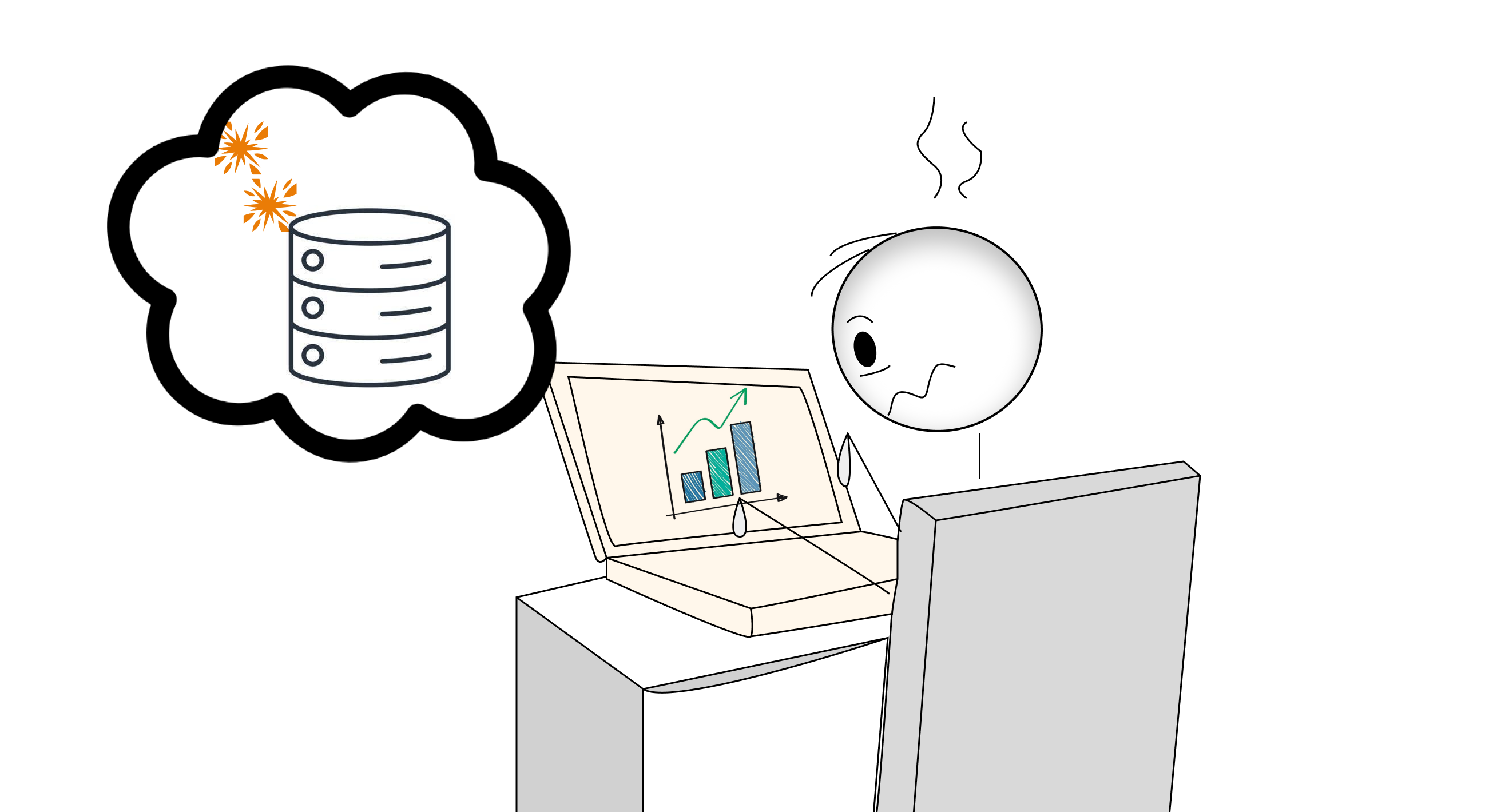 A stick figure looking horrified as database query execution bars grow exponentially on a monitor. Little explosion symbols are coming off the database server in the background.