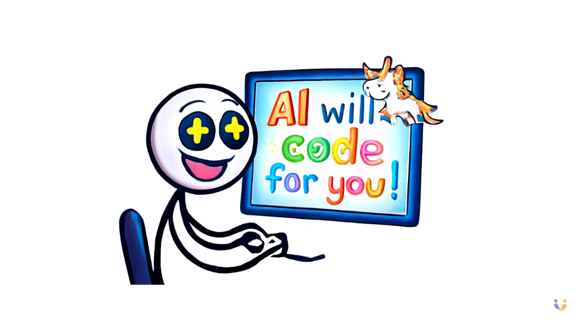 Stick figure with starry eyes looking at a glowing computer screen showing "AI will code for you!" with rainbow colors and unicorns.