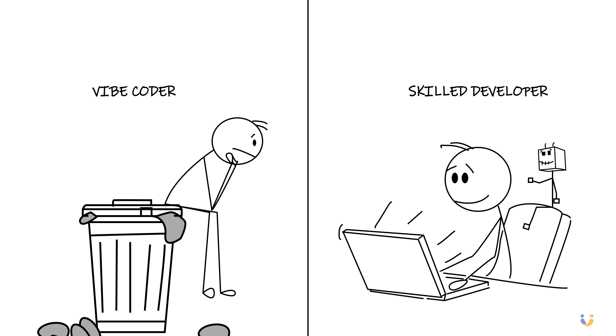 Split panel showing two stick figures. Left: "Vibe Coder" surrounded by garbage and chaos. Right: "Skilled Developer" with clean tools and organized workspace, using AI as a small helper tool.