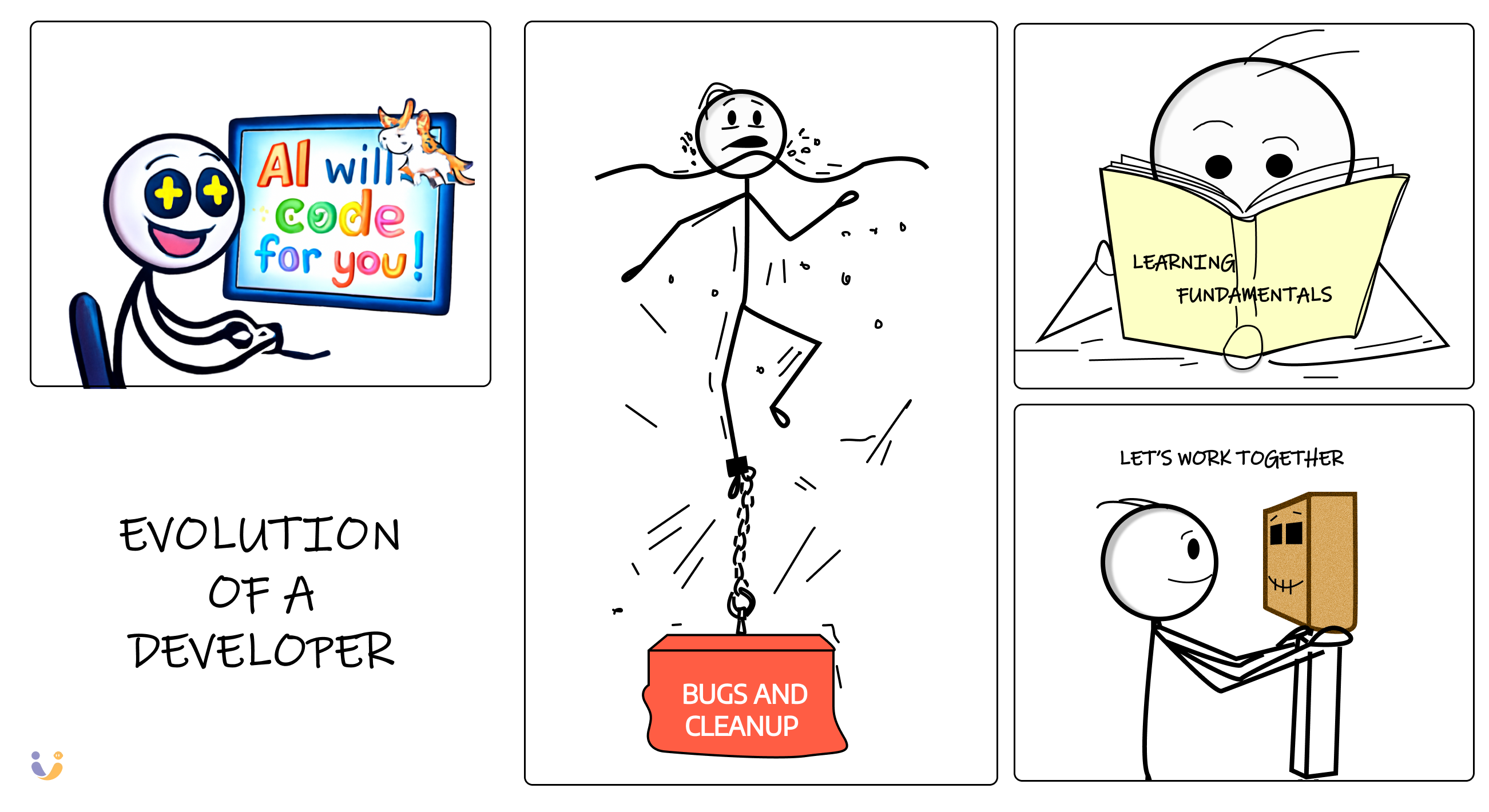 Comic strip showing the evolution of a developer: Panel 1: Excited about AI coding, Panel 2: Drowning in bugs and cleanup, Panel 3: Learning fundamentals, Panel 4: Using AI as a tool while maintaining expertise - happy and productive.