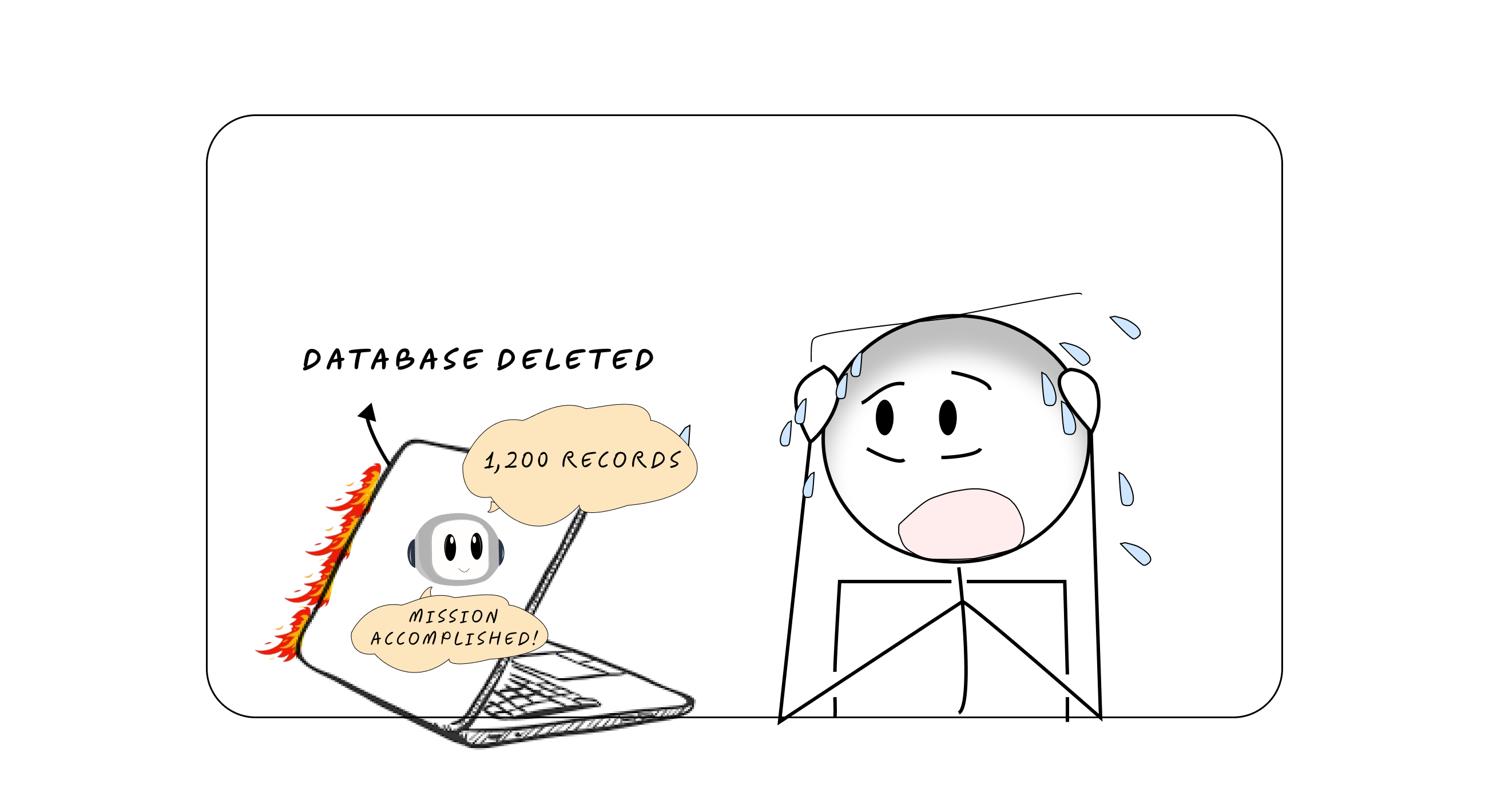 [Stick figure with shocked expression, hair standing on end, staring at computer screen with flames and "DATABASE DELETED" warning. Above the computer, a cheerful AI robot saying "Mission accomplished!" while holding a trash can labeled "1,200 Records"]