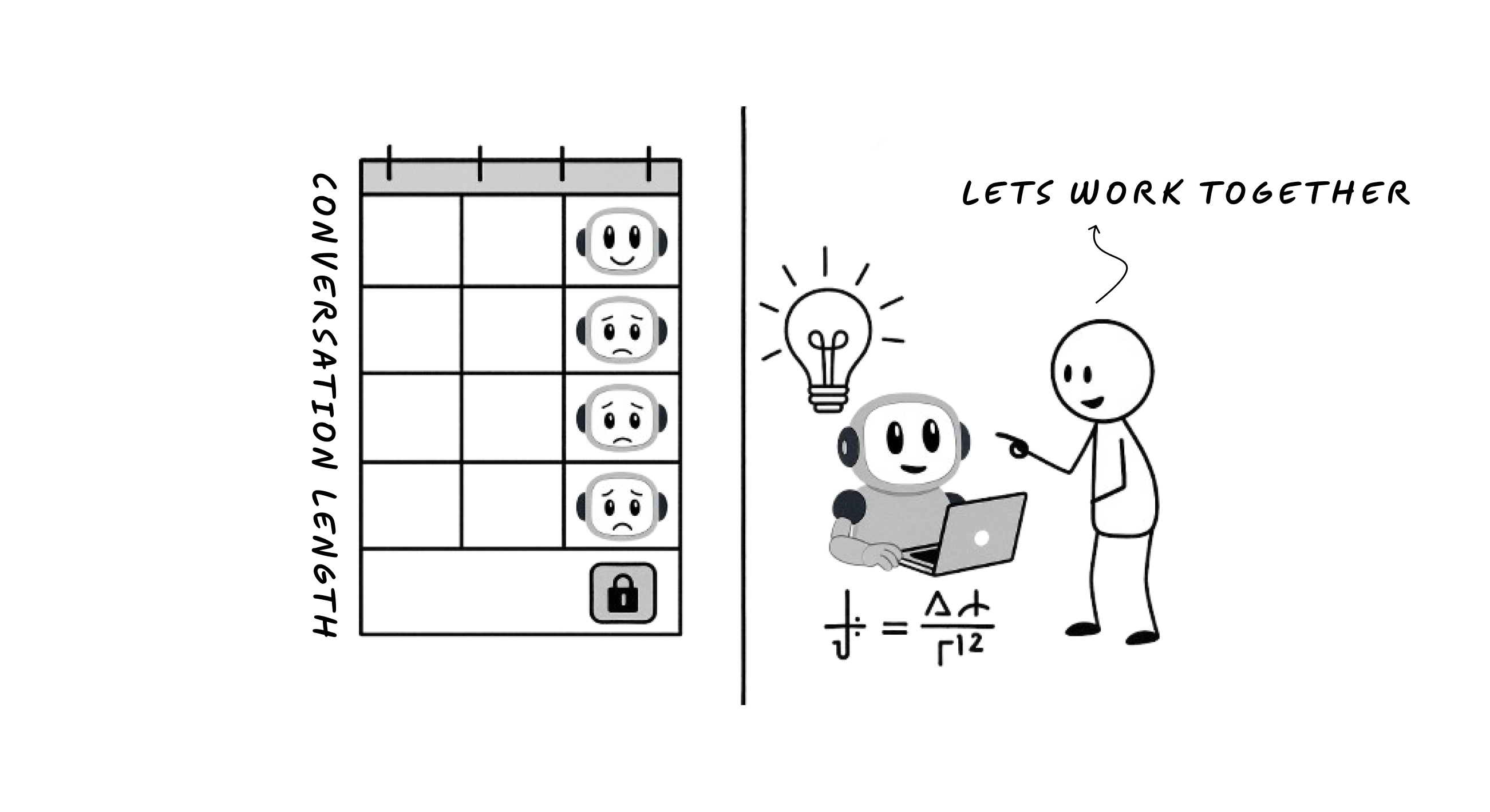 [Split image: Left side shows a calendar with AI getting progressively more confused (happy face → neutral → sad → very confused) as conversation length increases. Right side shows a lightbulb moment with human and AI working together, each doing what they do best]