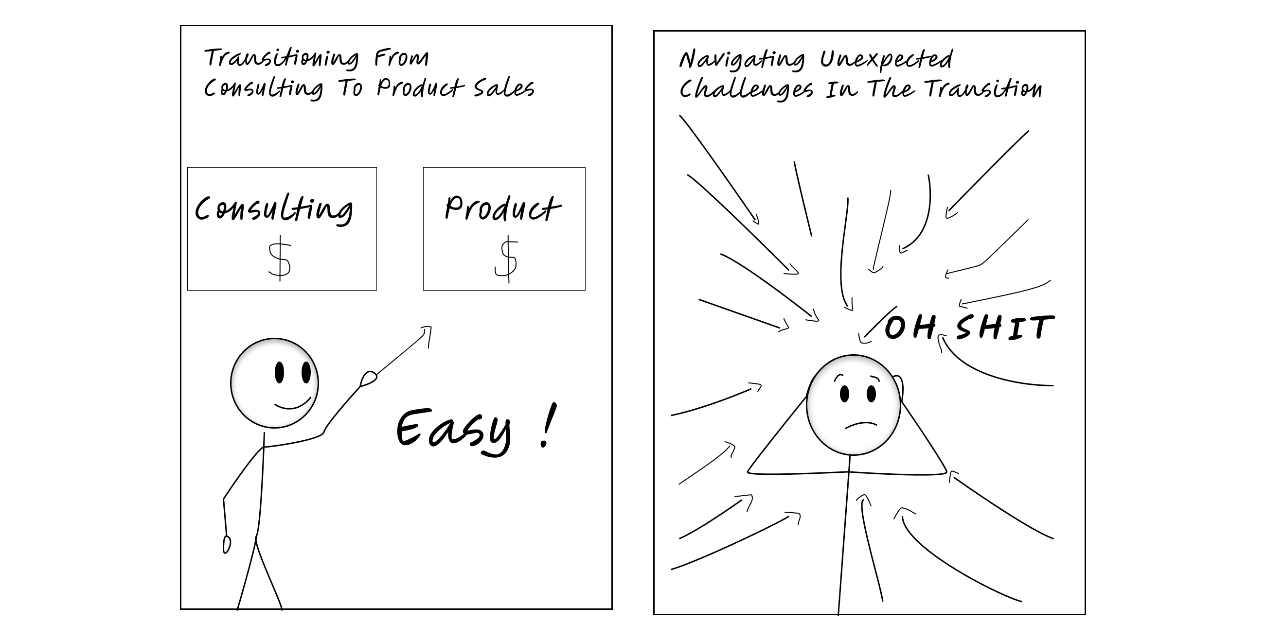 [Comic strip: Panel 1 shows stick figure drawing arrows from "Consulting $" to "Product $" with "EASY!" caption. Panel 2 shows the same figure drowning in a sea of arrows going every direction with "OH SHIT" caption]