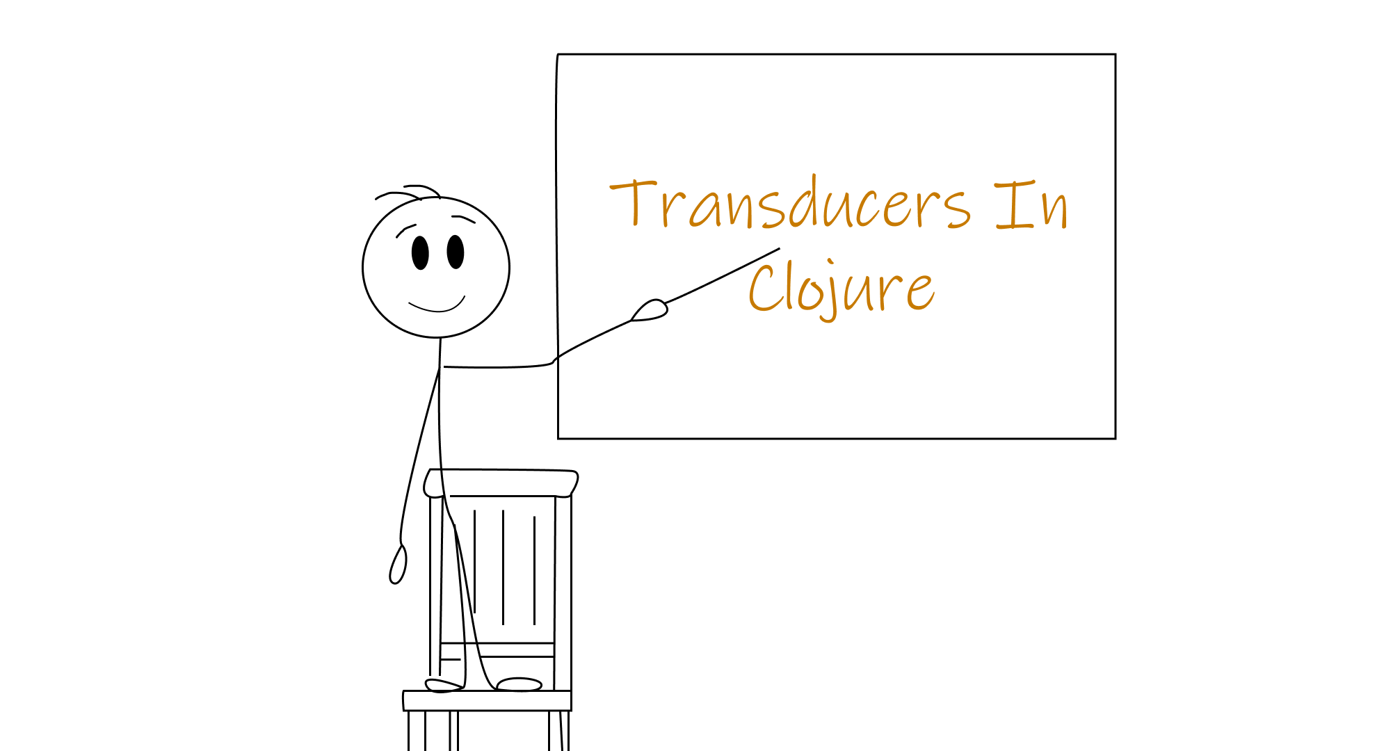 A stick illustration featuring a man teaching Transducers in Clojure