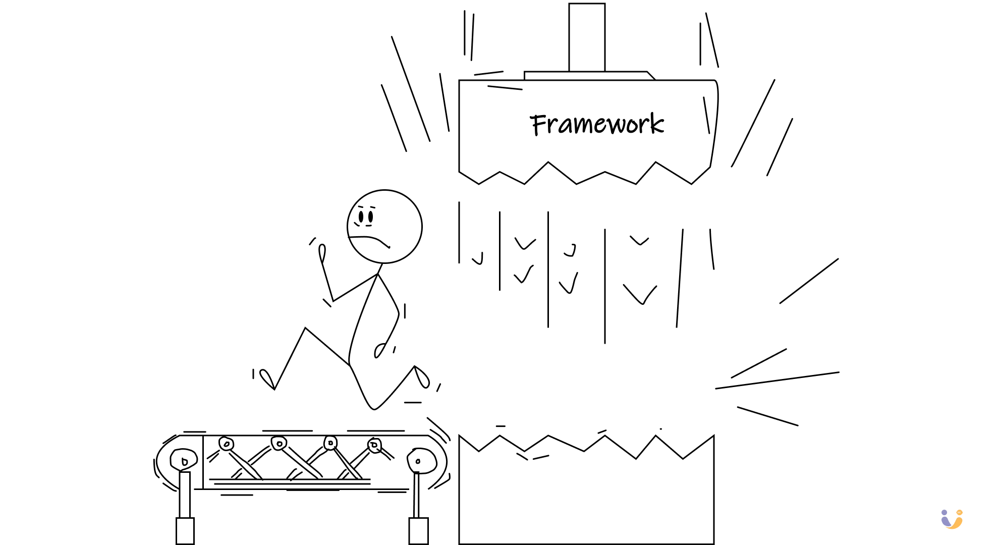 An illustration featuring a man running on a treadmill to escape a scary framework machine