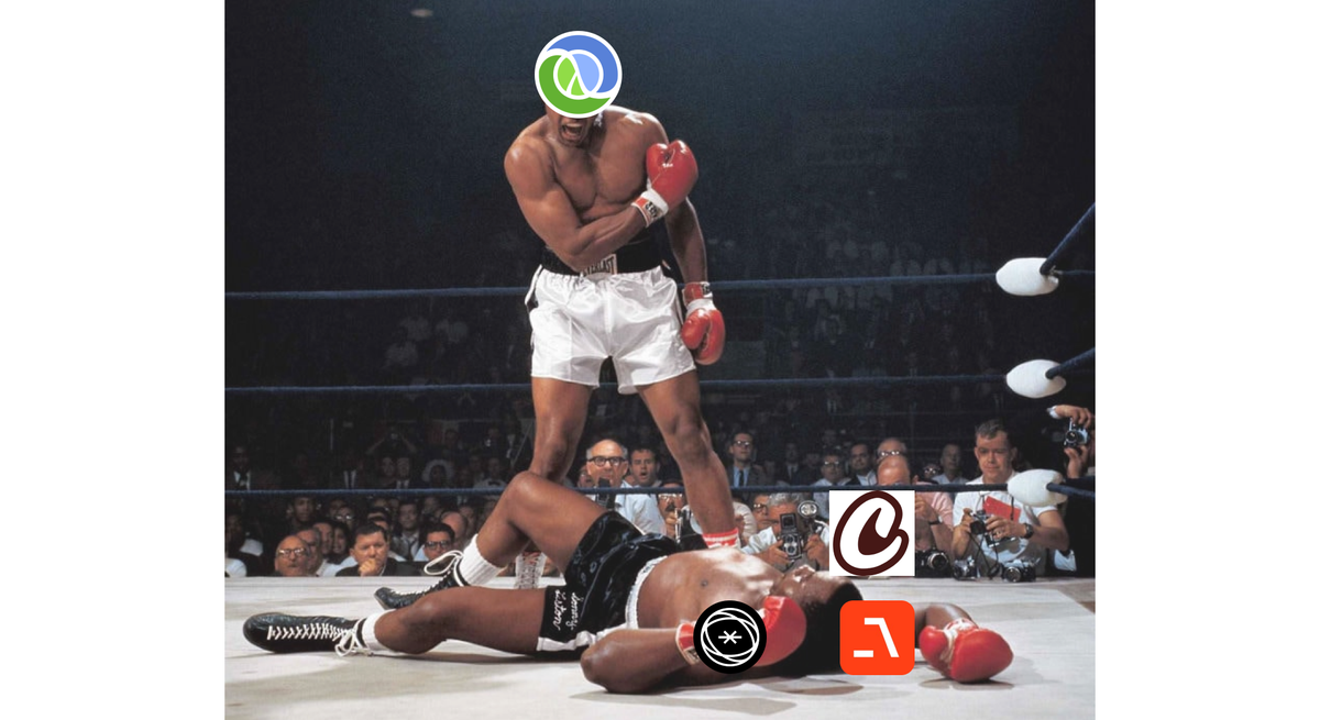 The iconic photo of Mohammad Ali representing Clojure, standing over Sonny Liston representing other popular Agent frameworks
