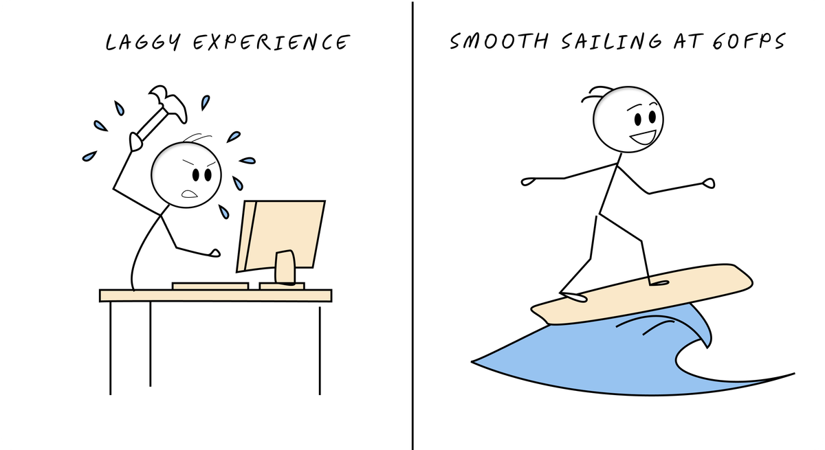 A stick figure frantically hammering at a computer with sweat flying everywhere, while another stick figure calmly surfs on smooth waves labeled "60fps"