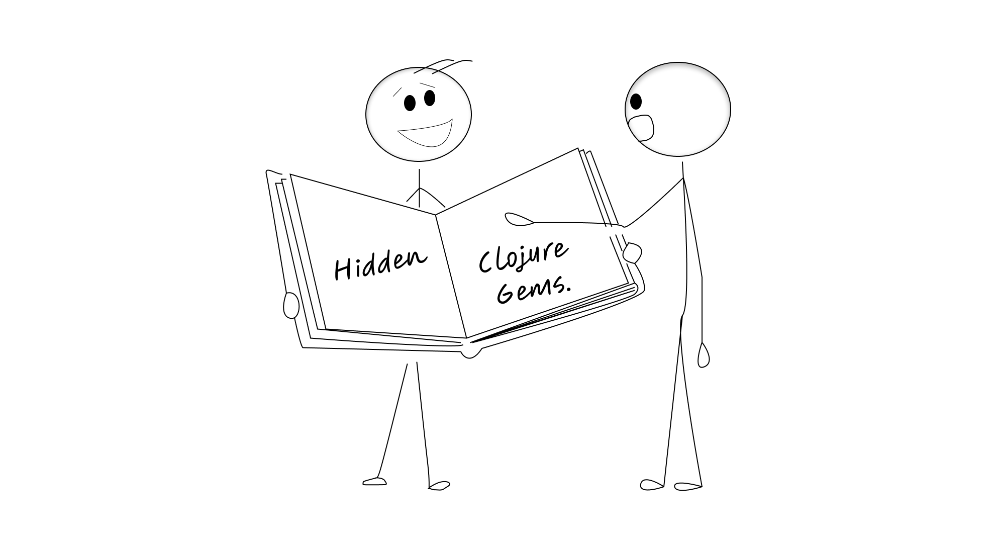 A stick figure holding an open book about Hidden Clojure Gems for another stick figure engrossed in reading it