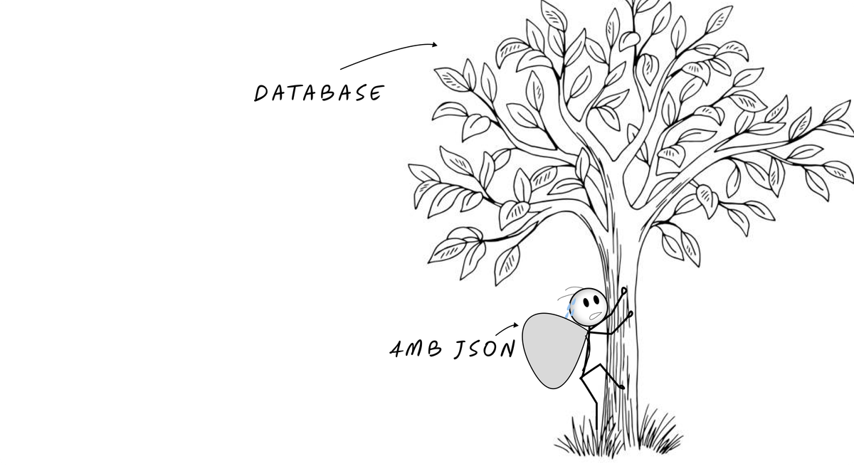 A stick figure frantically trying to climb an enormous tree labeled "DATABASE" while carrying a massive bag labeled "4MB JSON".