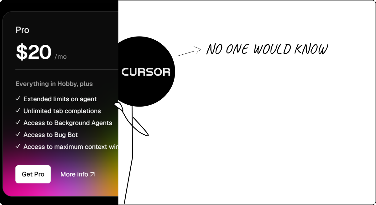 Feature image of Cursor's updated pricing next to a stickman cursor thinking 'No one would know'